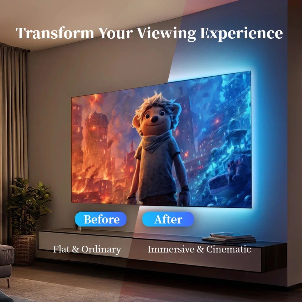 إضاءة خلفية للتلفاز بمزامنة HDMI LED مع إضاءة أجواء ديناميكية |   يعمل مع صندوق التلفزيون/PS5 |   التوصيل والتشغيل، وضع الألعاب