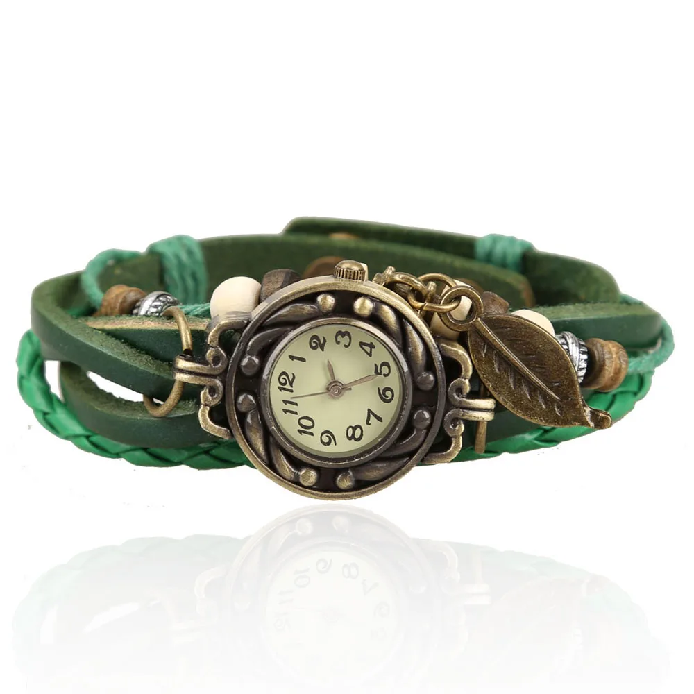 Reloj de cuarzo tipo pulsera Vintage, correa de cuero de correas, cuentas en forma de hoja, adecuado para mujeres estéticas decorativas versátiles