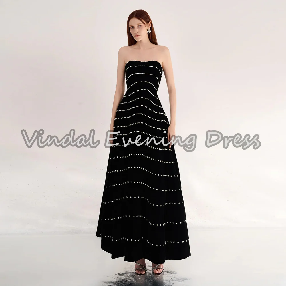 

Vindal Crepe A-line Strapless Beading Ankle Length Simple Saudi Evening Dresses For Women 2025 With Sleeveless Arab Party Dress
