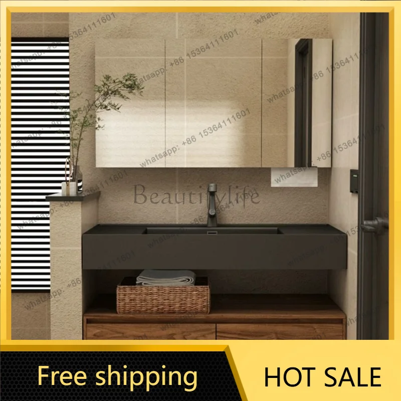 YJ Nordic Black Walnut Bathroom Vanity with Stone Integrated Sink LED Mirror Combo for Japanese & Hotel Style Bathrooms furnitur