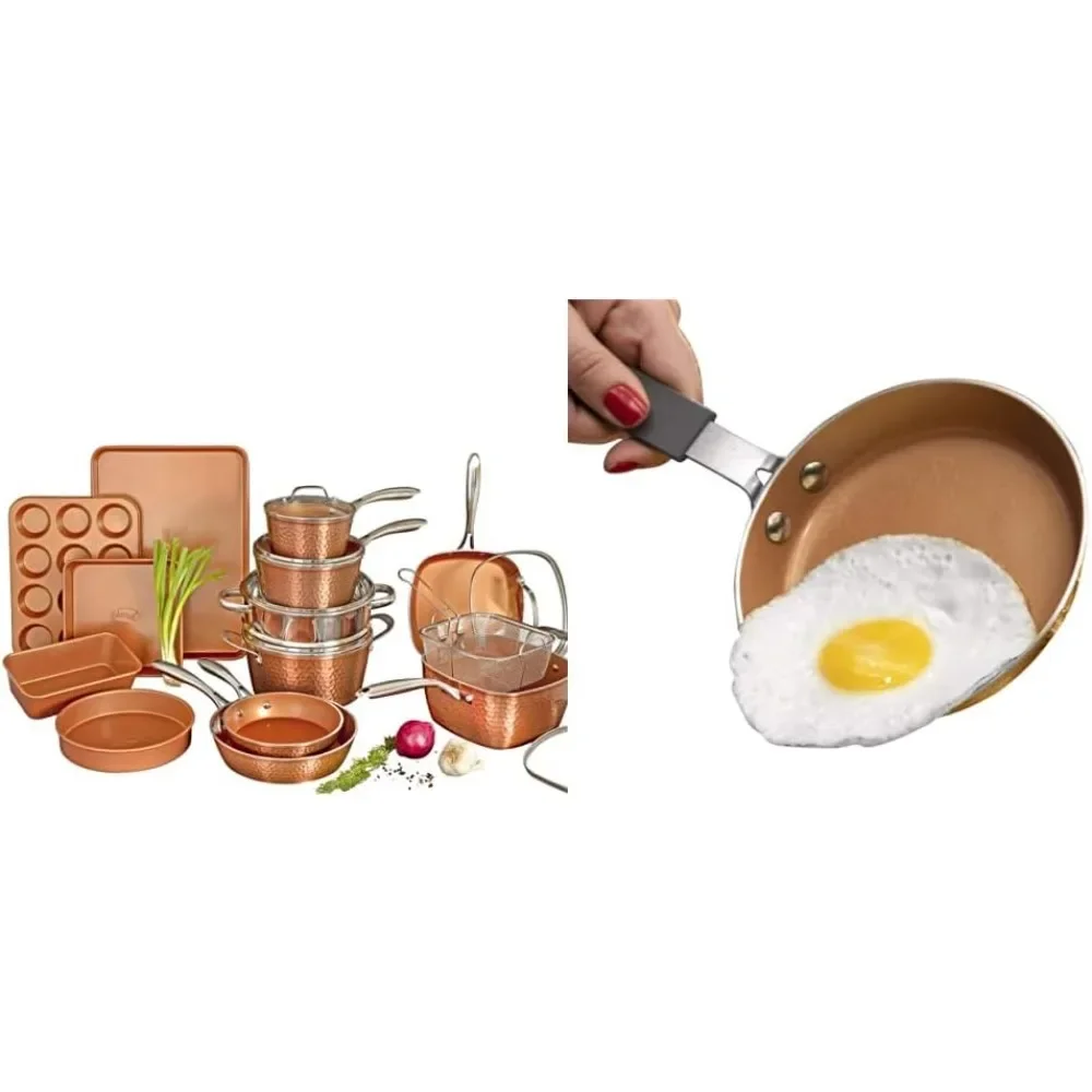 

Hammered Copper Collection–20 Piece Premium Cookware & Bakeware Set & Hammered Copper Collection – Mini 5.5”Egg-Pan