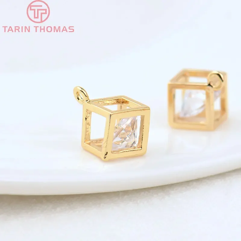 (1784)6PCS 5MM 6MM 7.5MM 24K Gold Color Plated Brass with Zircon Cube Charms Pendants High Quality Diy Jewelry Accessories