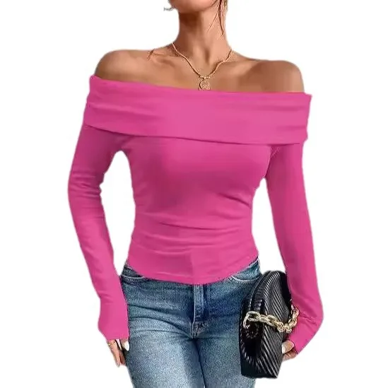 Mulheres sexy fora do ombro topos elegante casual fino ajuste mangas compridas primavera outono blusa saindo camisa de noite