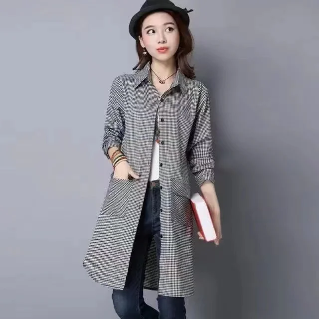 Primavera Autunno Donna di grandi dimensioni in cotone e lino scozzese irt Lunghezza media Lungo Sve Abbigliamento da mamma di mezza età