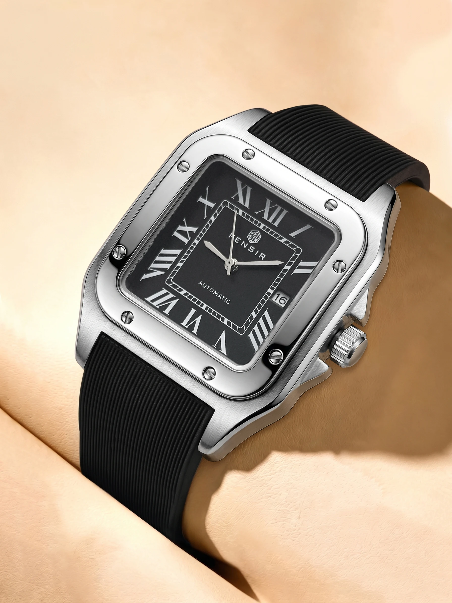 Square Men's Quartz Watch, Waterproof Calendar Business Watch, Black Rubber Strap Vintage Roman Numeral Men's Watch, Commuter Luxury Quartz Watch, Popular Men's Formal and Casual Wristwatch