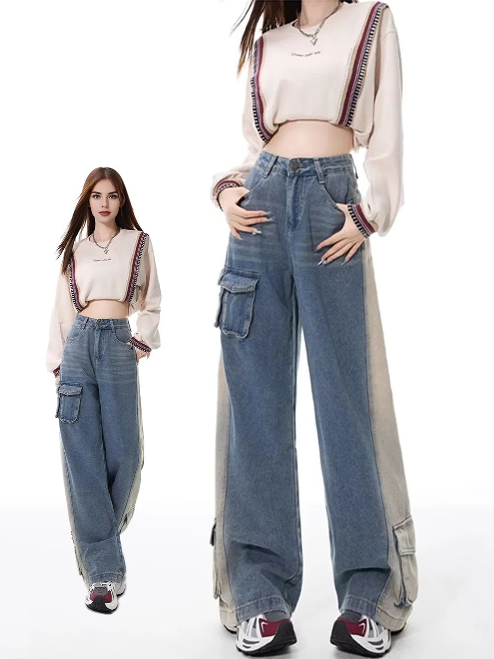 2024 Women y2k Vintage Fashion Patchwork Cargo Jeans scene Streetwear Korean Pockets Free Shiping Pants For Japanese 2000s Style