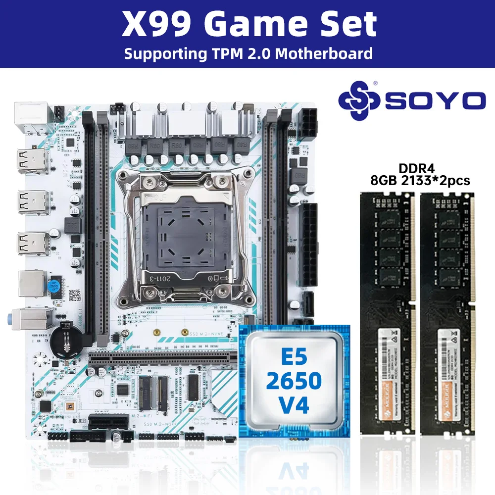 

SOYO X99 Motherboard LGA 2011-3 Set Kit Xeon E5 2650 V4 CPU Processor 16G=2*8GB DDR4 2133MHZ RAM Memory M.2 NAME For Computer
