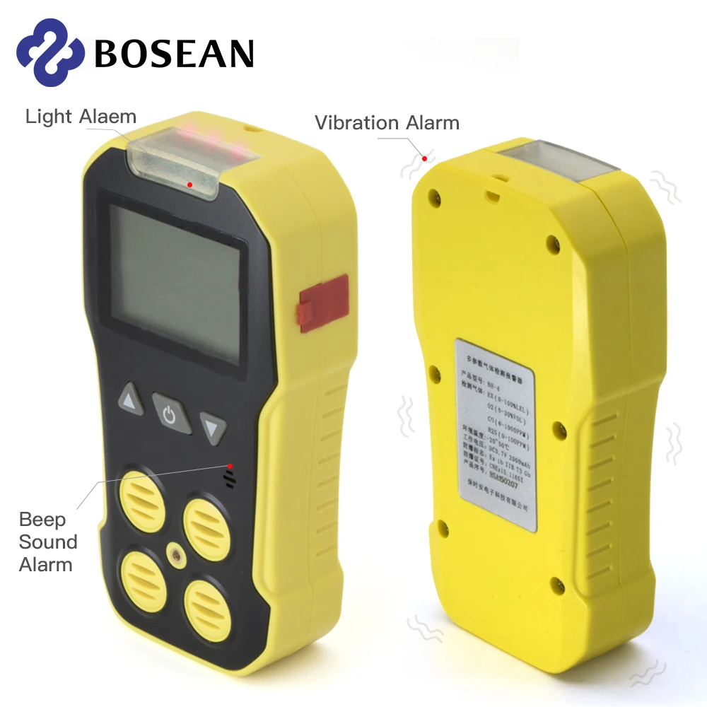 Bosean Multi Gas Detector Gas Meter O2 H2S CO LEL 4 in 1 Oxygen Hydrogen Sulfide Carbon Monoxide Combustible Gas Leak Detector