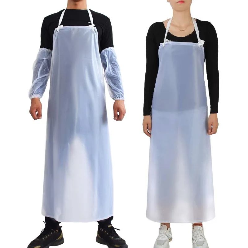 

2pcs Clear Plastic Anti-grease Work Apron Long Cuffs Design Unisex for Canteen Seafood Cleaning Food Handling