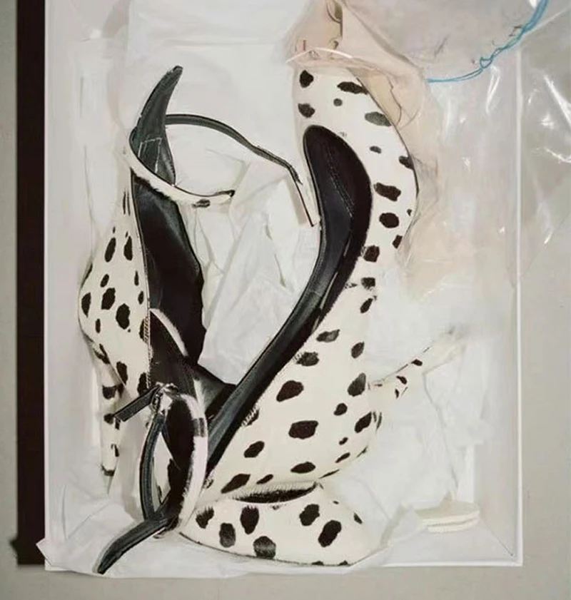 

Fashion Milk Leopard Ankle Strap slip on High Heels Pumps Patent leather Pointed Toe Women Stilettos Heel Woman Banquet Shoes