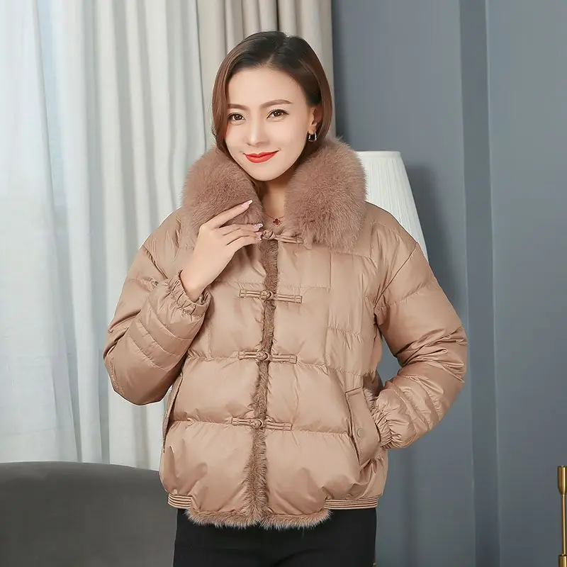 2023 New Plate Buckle Fashion Lightweight Mink Down Coat Women's Short Fox Collar Coat Top Warm Winter Wear Women Jacket