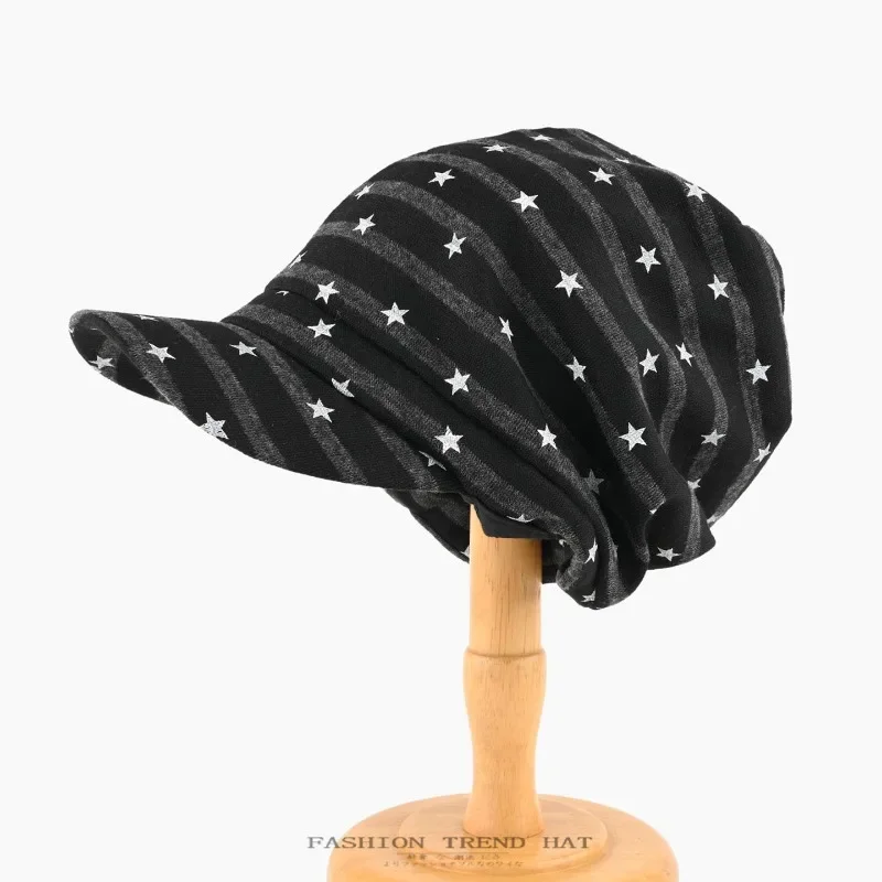 Unisex Spring Autumn Striped Star Slouchy Beanie Loose Fit Large Size Casual Hat
