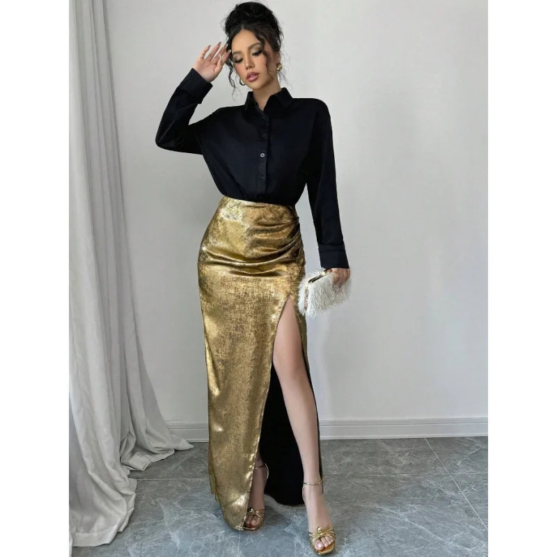 Women's Two-piece Set With Long-sleeved Button-up Shirt And Metallic High-waisted Slit Long Skirt, Suitable For Party Nights