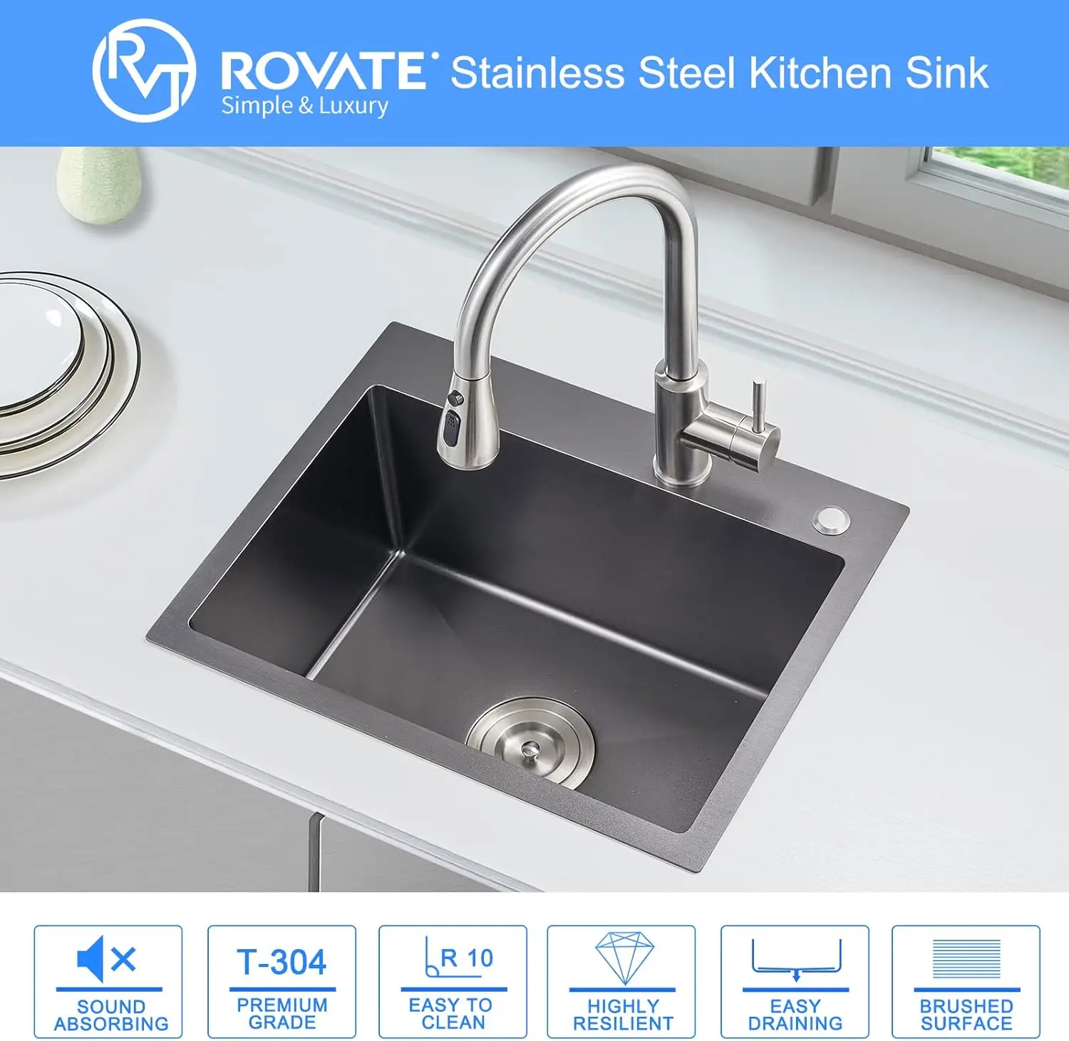 ROVATE 20x16 inch Drop-in Kitchen Sink Single Bowl Black Nano Top-Mount Kitchen Sink Handmade 304 Stainless Steel Overmount