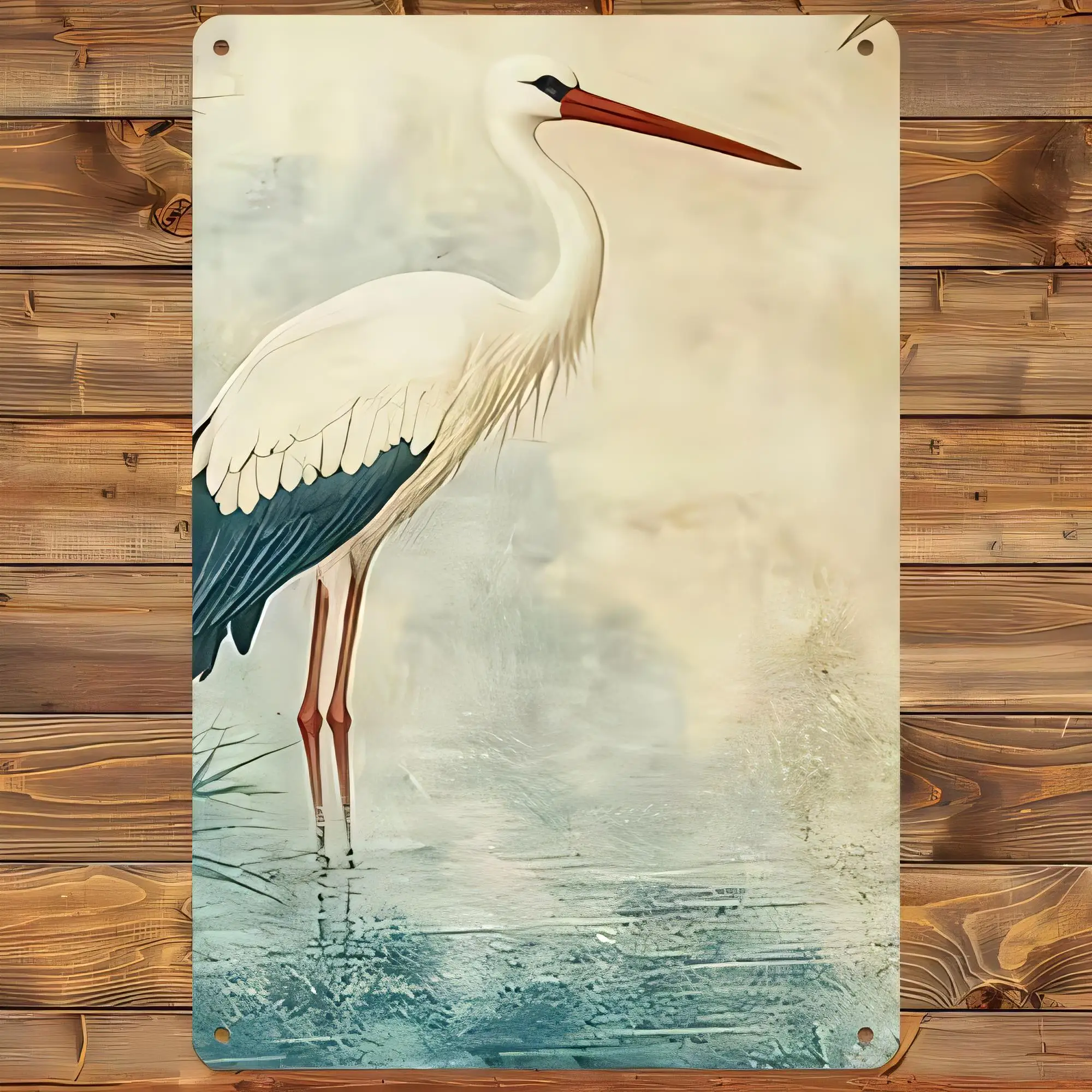 Tin Sign, Vintage White Stork Bird in Misty Blue Water Scene Metal Plaque Wall Art, Retro Cottage Farmhouse Garden Decor, Rustic