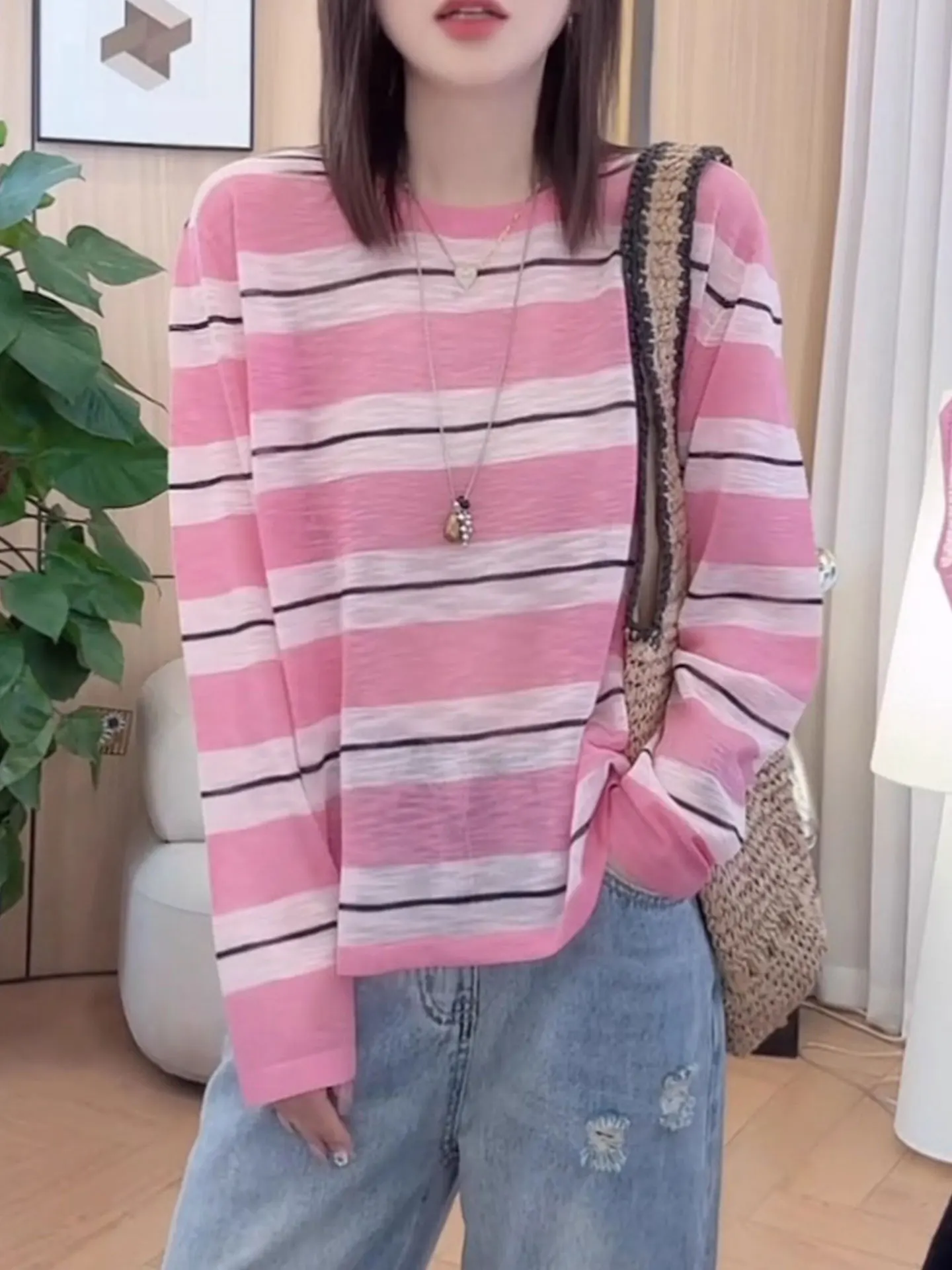 

Ele Long Sve Knitted Ice Silk Top Loose Overhead Striped Summer Faion Korean Sle Straight Cut Commute Wear