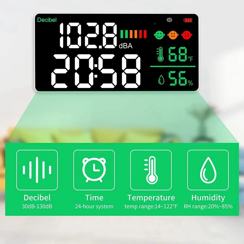 Wall Hanging Sound Level Meter Noise Meter 30-130DB Range 8.6 Inch Large LED Display Noise Time Temperature