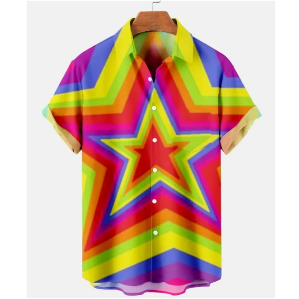 Summer Men\'S Shirt Rainbow Print Short Sleeve Top Fashion Simple High Quality Men Clothing Loose Oversized Shirt Hawaiian Shirts