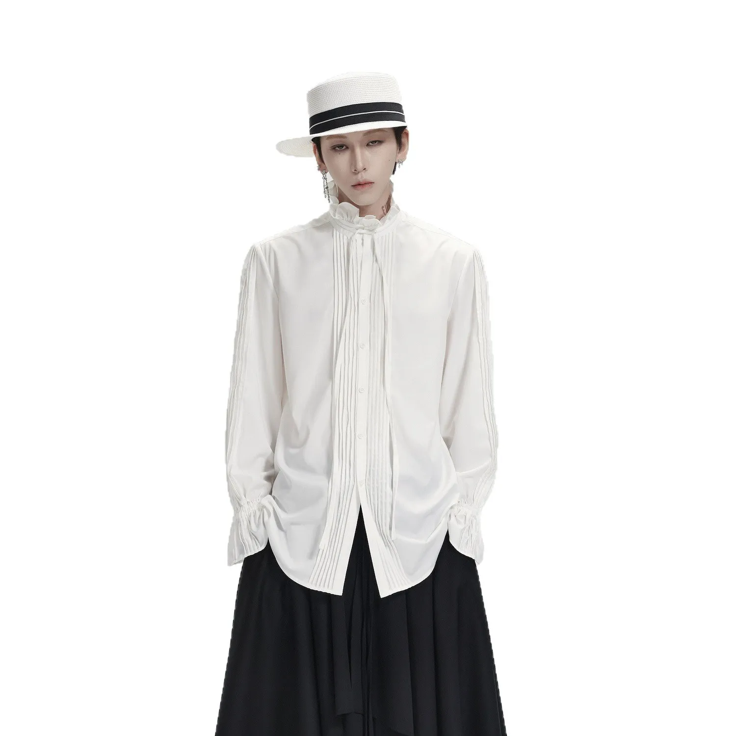 Accordion Pleated White French-style Straight-shoulder Single-breasted Wrinkle-resistant Loose Long-sleeve Shirt Designer Tops