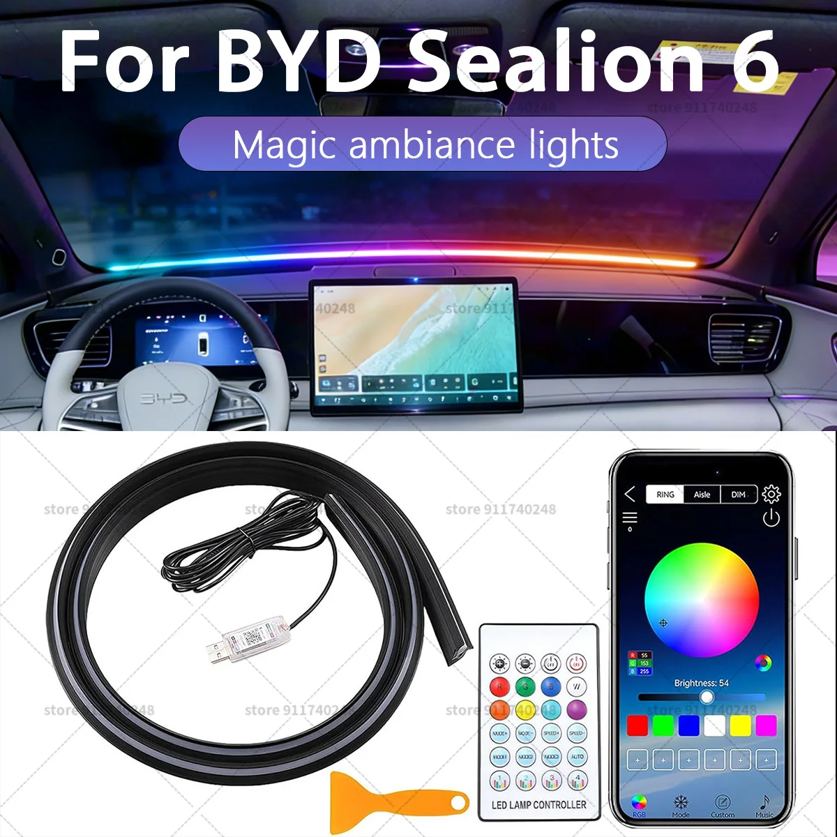 

For BYD Sealion 6 Automotive decoration light strip, colorful acrylic front windshield soundproofing strip, ambience light