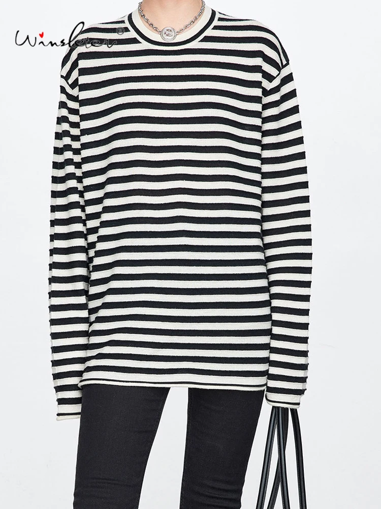 

Winsleter-100%Wool Elegant Sweater, O Neck Long Sleeve Striped, Women Fashion Casual Lazy Loose Sweater, 2025 Autumn T59145CC