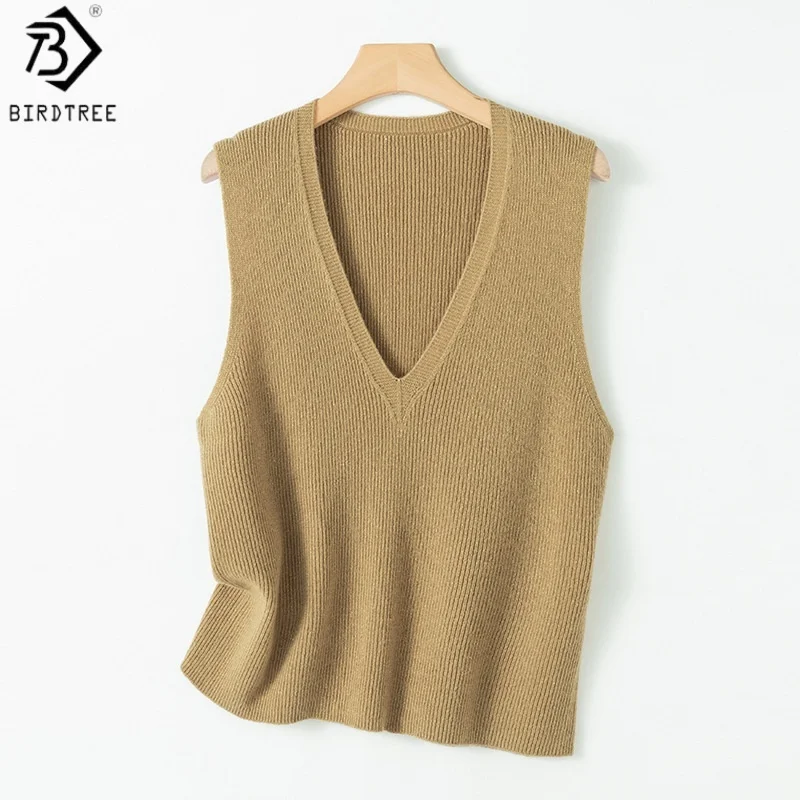 

Birdtree, 100% Sheep Wool Knitted Basics Vest, Women's Solid V-neck Sleeveless Sequin Sweater, 2026 Spring Waistcoat T63903JF
