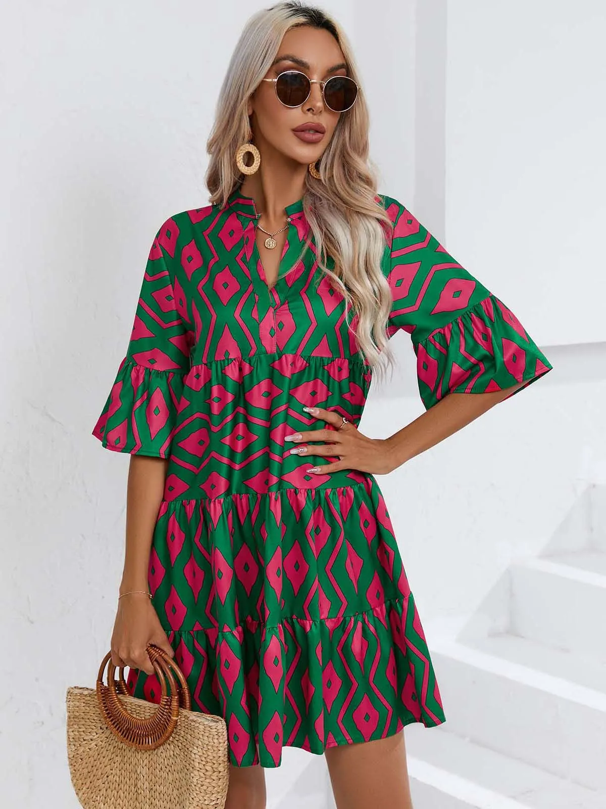 2025 Spring Summer New Women's Printed Dresses Long Sleeved Flare Sleeves Women's Mid-Length Dresses Traf Official Store Dresses