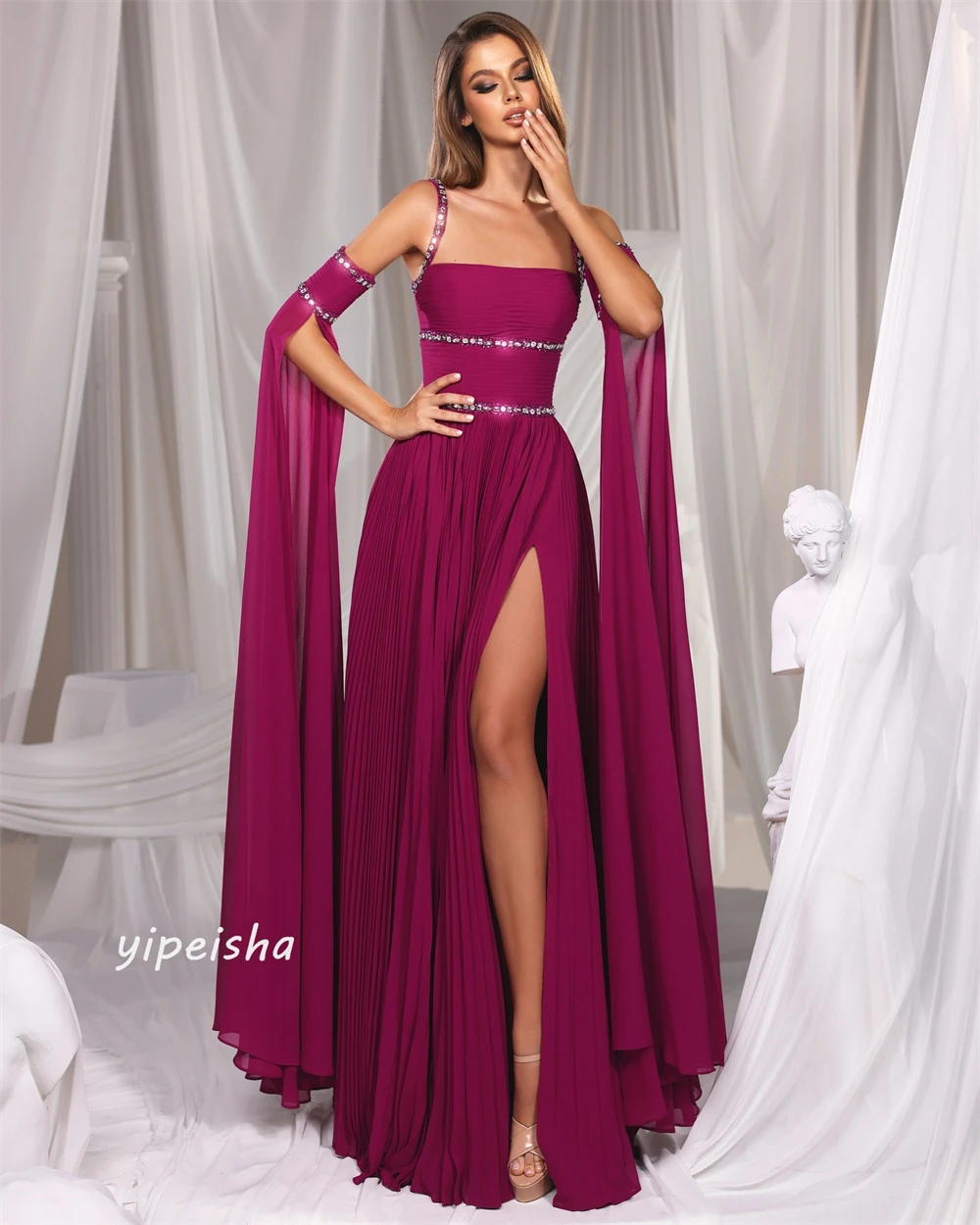 Robe en mousseline de soie drapée avec perles, robes longues, robe d'anniversaire A-ligne, col carré, occasion sur mesure