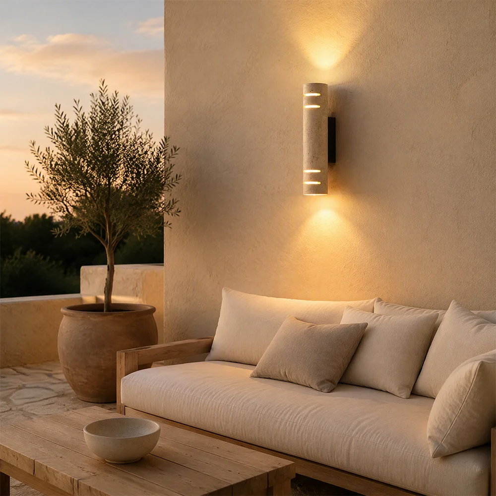 IP65 Waterproof Yellow Travertine Exteriors Wall Lamp Cylindrical Up Down LED Wall Sconces Warm Light for Gargen Villa Courtyard