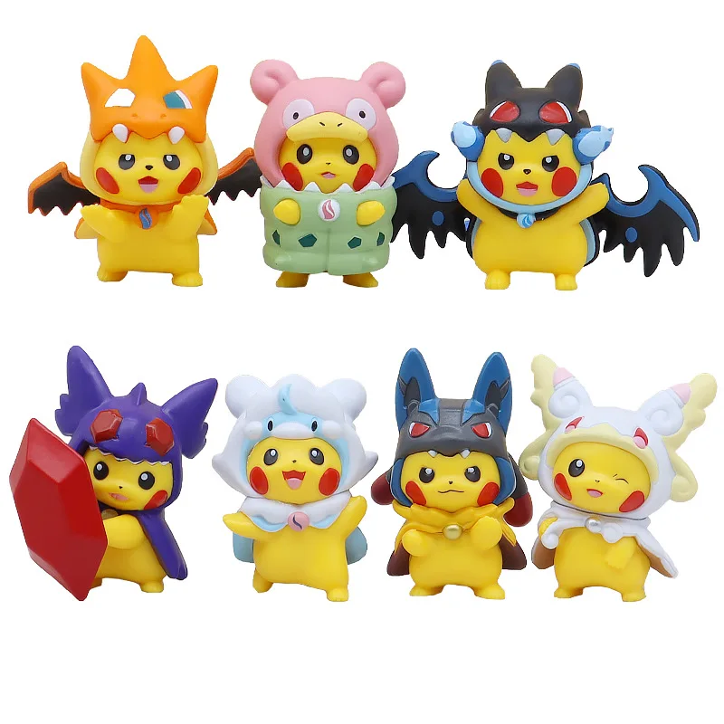 7Pcs/1Set Pocket Monsters Anime Figure Kawaii Pikachu Cosplay In Disguise Action Figures PVC Collection Model Dolls Toy Gift