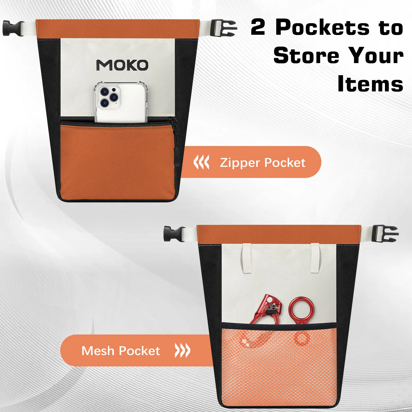 MoKo Kreidetasche zum Klettern, große Kapazität, Kletterkreidetasche mit magnetischem Druckknopf und Reißverschlusstasche, tragbarer Kreideimer – Detail 10
