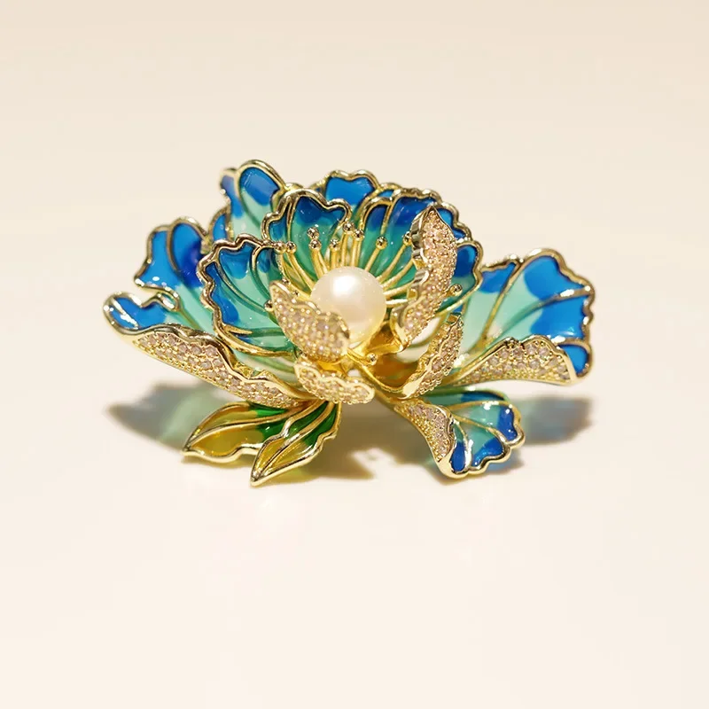 

Vintage Blue Enamel Peony Flower Women's Brooch Handmade Freshwater Pearl Lady Cloth Pin Mother's Day Gift