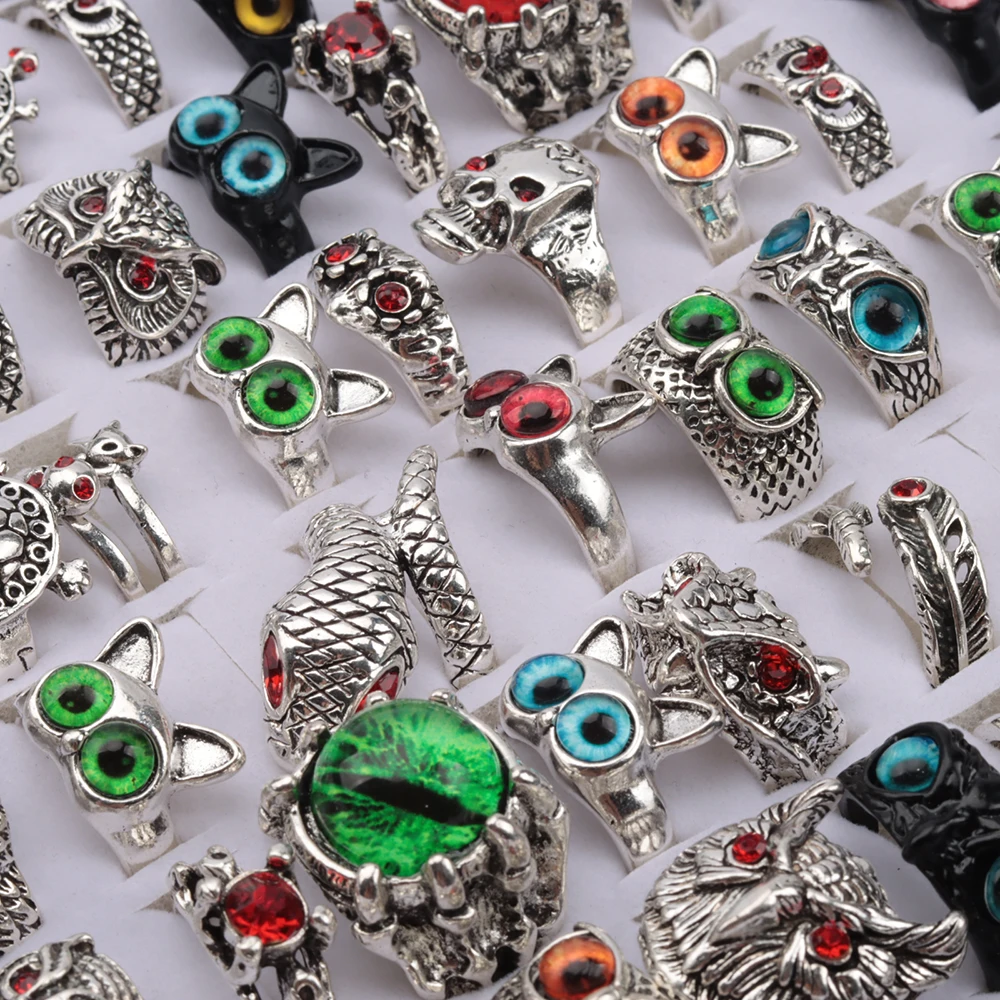 20Pcs/Lot Vintage Punk Snake Dragon Animal/Skull/Owl Eye Adjustable Rings for Men and Woman Mixed Open Hip Hop Gothic Party Gift