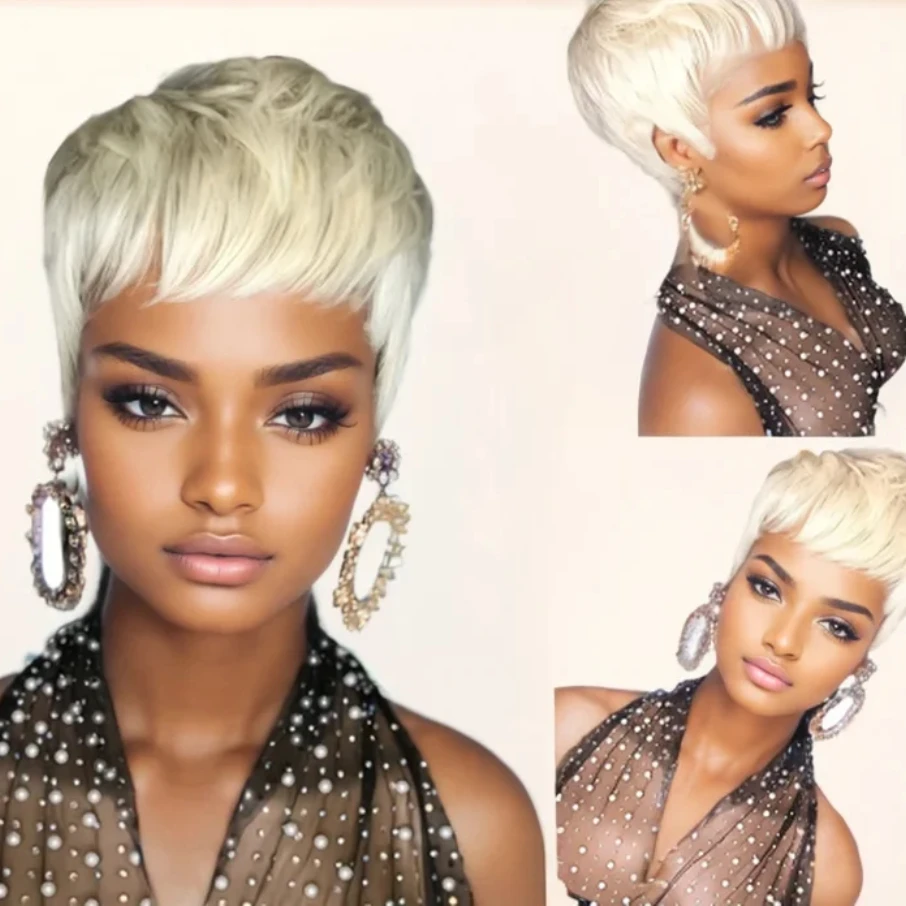 613 Blonde Color Straight Human Hair Wig for Women Pixie Cut Wig Full Machine Made Wig 150% Density 6Inch