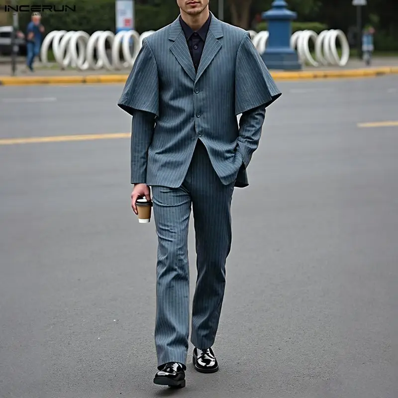 INCERUN 남성 스트라이프 세트 라펠 긴 소매 블레이저 & 바지 두 조각 세트 스트리트웨어 우아한 패션 캐주얼 남성 캐주얼 정장