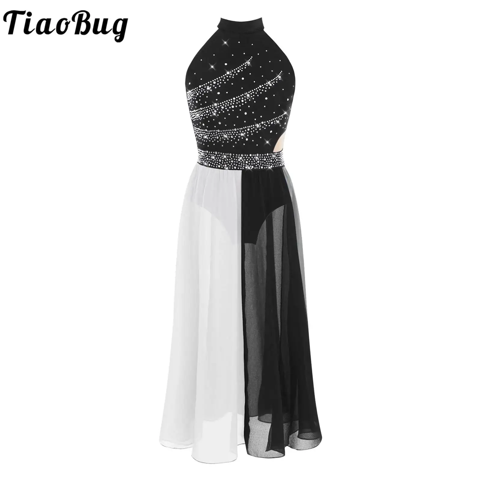 Mädchen Modern Lyrical Dance Kleid Ballett Skating Gymnastic Trikot Ärmelloses Strass Chiffon Kleid Bühnenkostüm