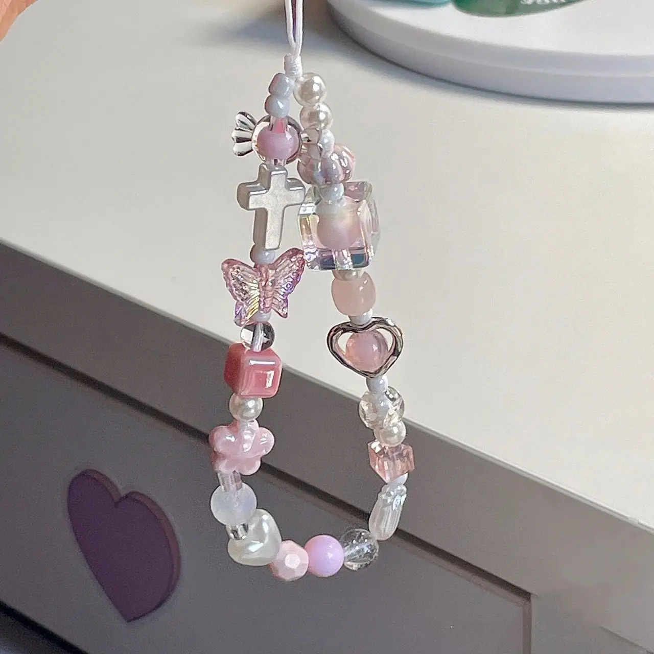 Pink Heart Butterfly Flower Phone Strap Charm Chain Knot Cellphone Lanyard Keychain Woman Girl Bag Camera Pendant For Case