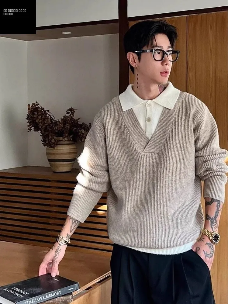 

Men's Knitted irt High nce Sensation Fake Two-Piece Turn-down Collar Sweater Comfortable Loose Fit Casual Wear