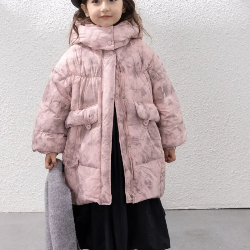 

Корейский стиль для девочек больших размеров, пышное длинное пальто на белом утином пуху с капюшоном, зимнее детское пальто 120-140 см