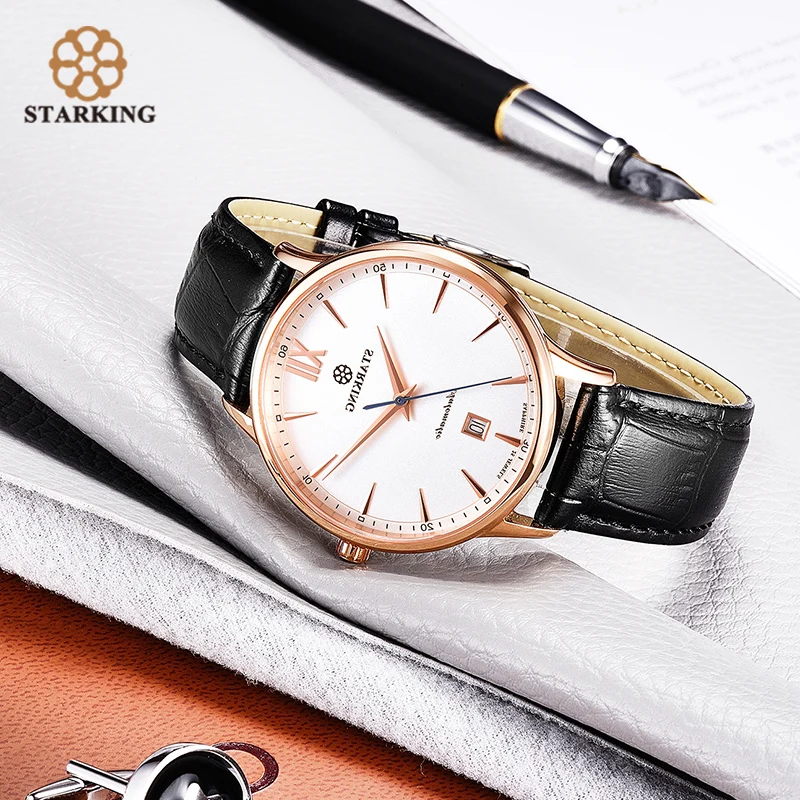 

Часы STARKING мужские водонепроницаемые, механические Автоматические наручные, из нержавеющей стали, с ремешком из бычьей кожи, 50 м