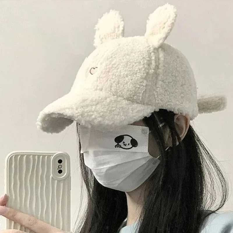 New Fashion Versatile Warm Pure Color Cute Lamb Plush Little Rabbit Hat