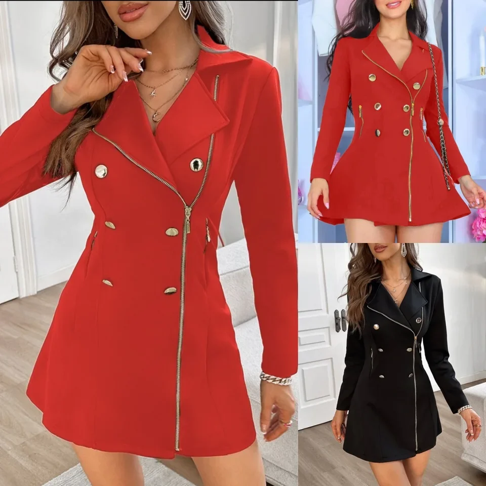 Women's Solid Color Suede Dress Fashion Trendy Long Sleeve Lapel Double Breasted Zipper Mini Dresses Elegant Commuting Vestidos