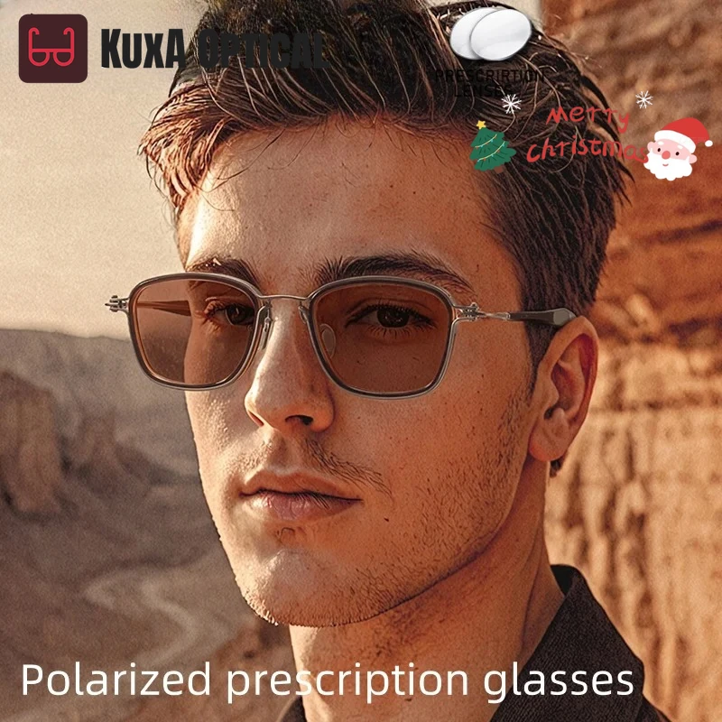 

KUXA Men Driving Polarized Sunglasses -1.00 -1.50 -2.00 Myopia Customiz Prescription Sun Glasses Pure Titanium Eyewear Retro