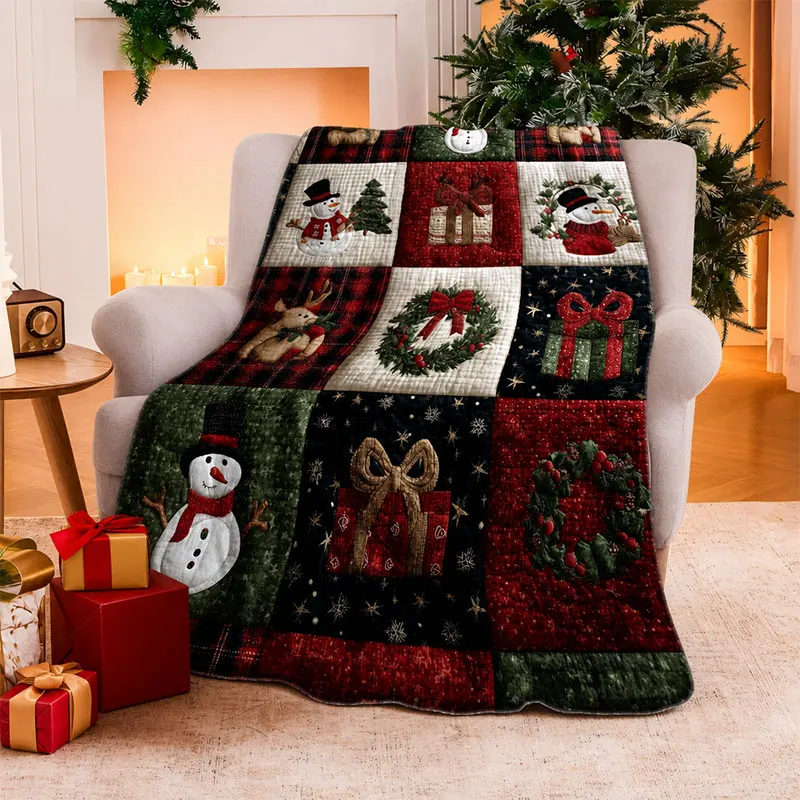 2D Flat Snowman Reindeer Printing Christmas Flannel Blanket Ultra Soft Cozy Throw Blanket For Couch Bed Sofa Christmas Gift