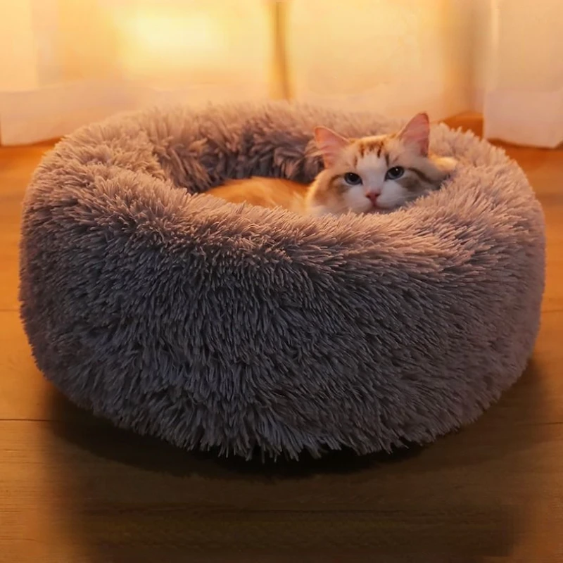 Dog Cat Long Plush Pet Bed Calming Beds Ultra Soft Pets Basket Kennel Dog Round Cat Winter Cushion Warm Sleeping Bag Mat