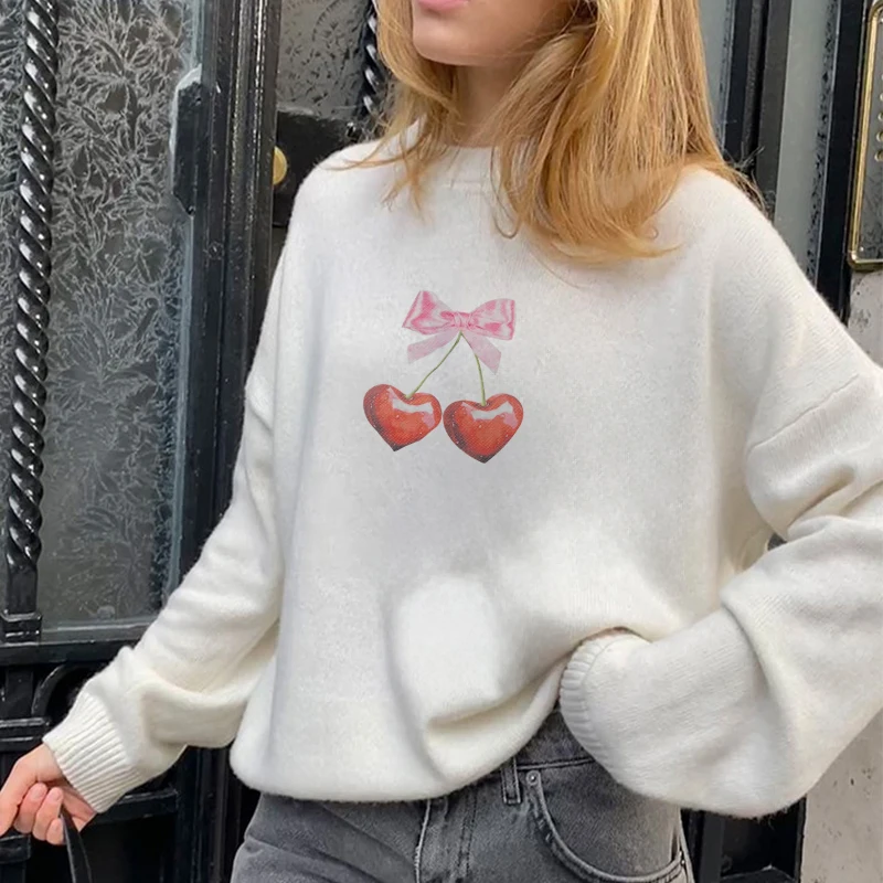 Cherry Print Sweet Knitted Sweater New Women Spring Autumn Commute O-neck Pullover Y2k Fashion Warm Soft Long Sleeve Sweatshirts