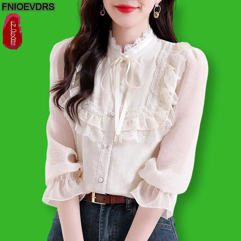 S-2XL 2024 Spring Summer Bow Tie Ribbon Lace-Up Tops Women Basic Wear Office Lady Work Long Sleeve Elegant Button Shirts Blouses