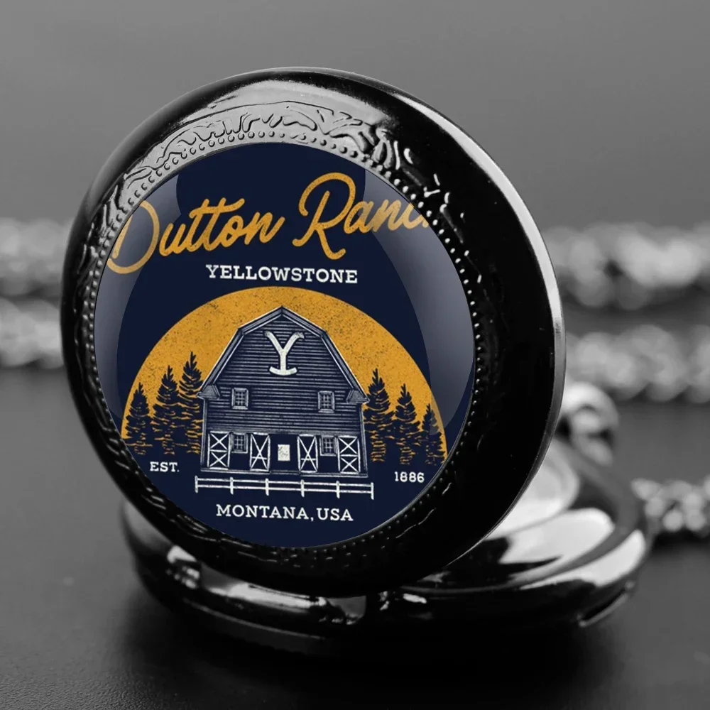 Yellowstone Dutton Ranch Relógio de bolso de quartzo com cúpula de vidro vintage com colar de corrente para homens e mulheres presente com pingente exclusivo