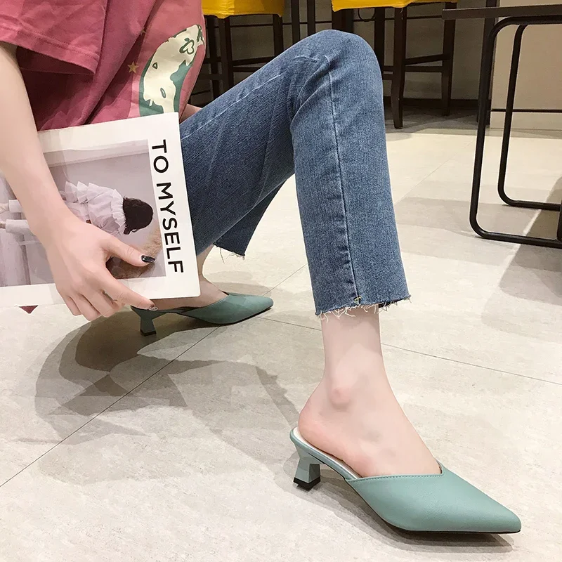 Thin Heels Pointed Toe Female Shoes Ladies\' Slippers Low Shallow Mules For Women Luxury Slides New Designer Fashion Bas