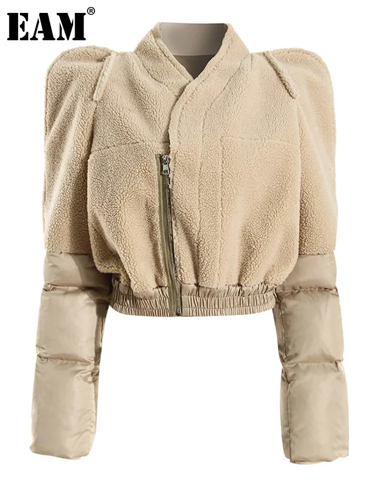 

Женская короткая куртка из овечьей шерсти [EAM], черная свободная теплая куртка из овечьей шерсти с воротником-стойкой и длинным рукавом, новинка сезона весна-осень 2024, 7AB2006